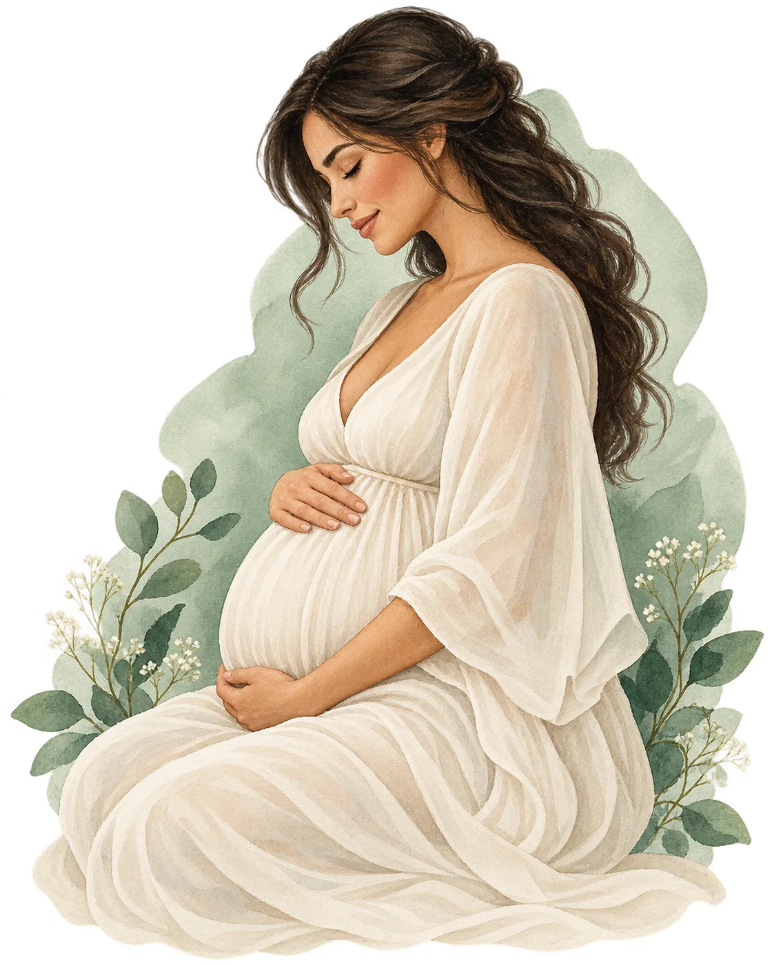 Liebevolle Illustration einer werdenden Mutter, die ihren Bauch mit beiden Händen hält